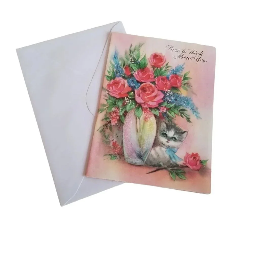 Vintage Greeting Card Nice to Think About You Pink Roses Glitter Kitty Kitten